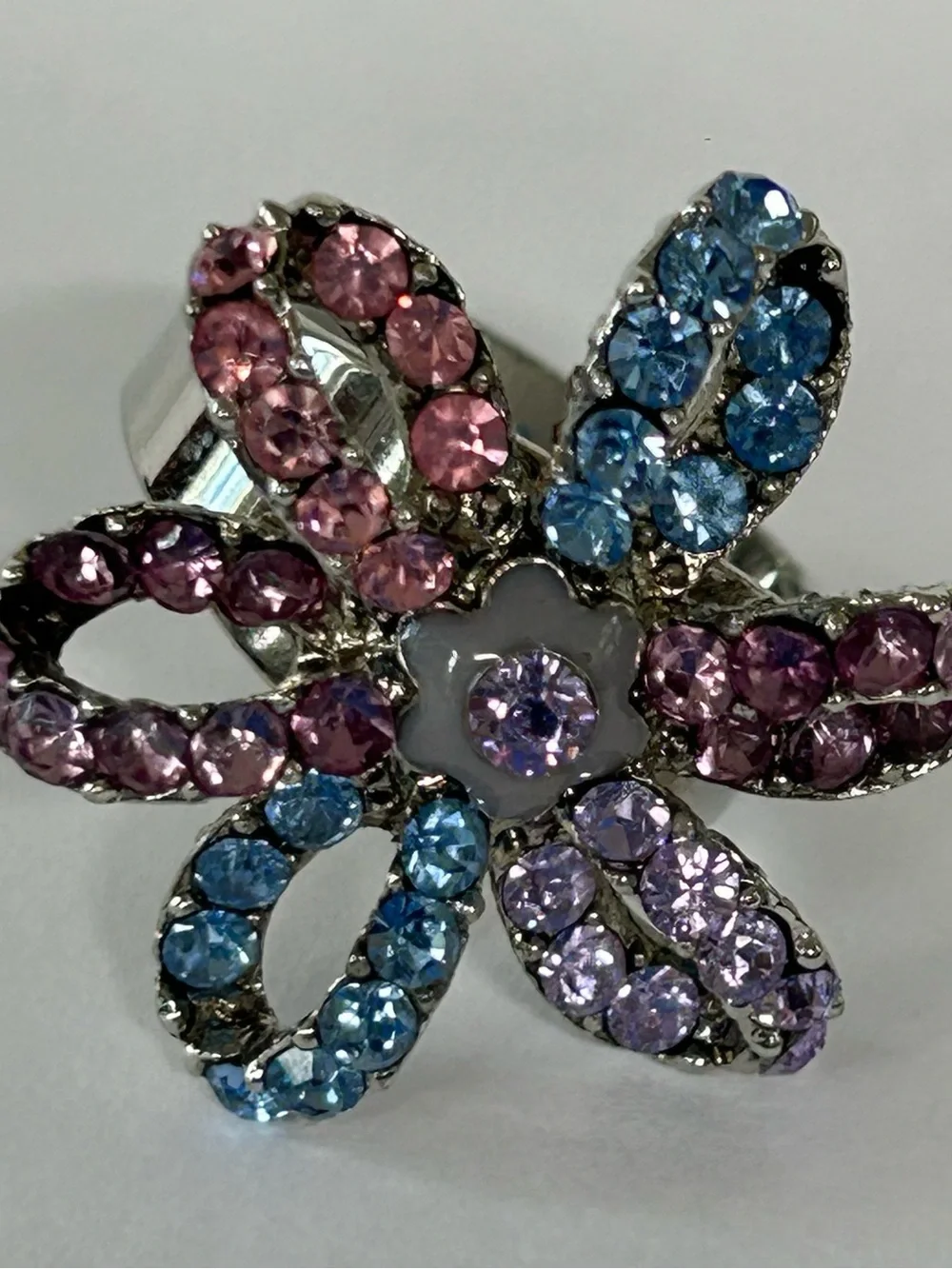 Pink and blue stone sterling silver adjustable ring